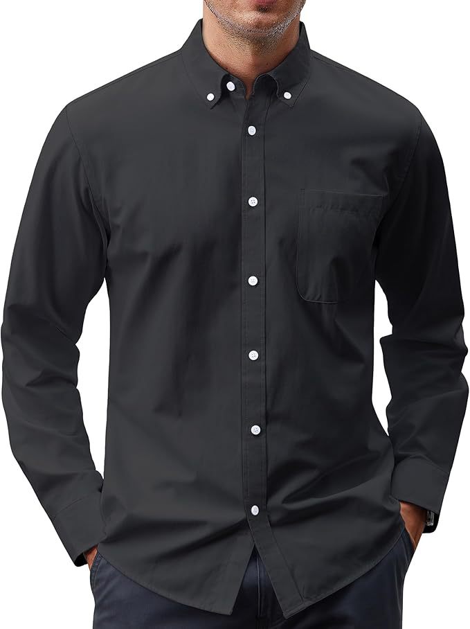 Black button-up shirt worn by a person on a white background
