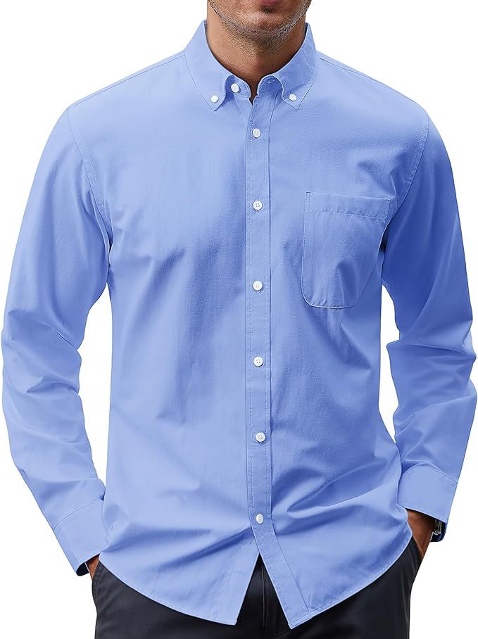 Light blue button-up shirt worn by a person on a white background