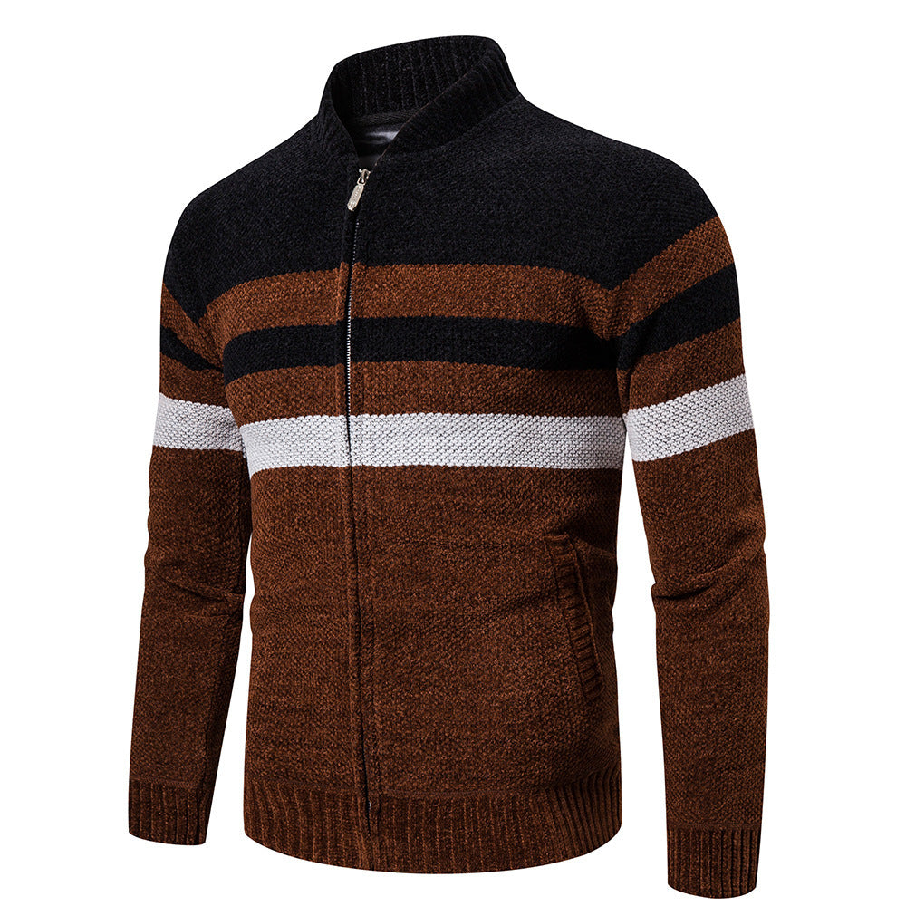 Brown and black striped sweater with a zipper on a white background