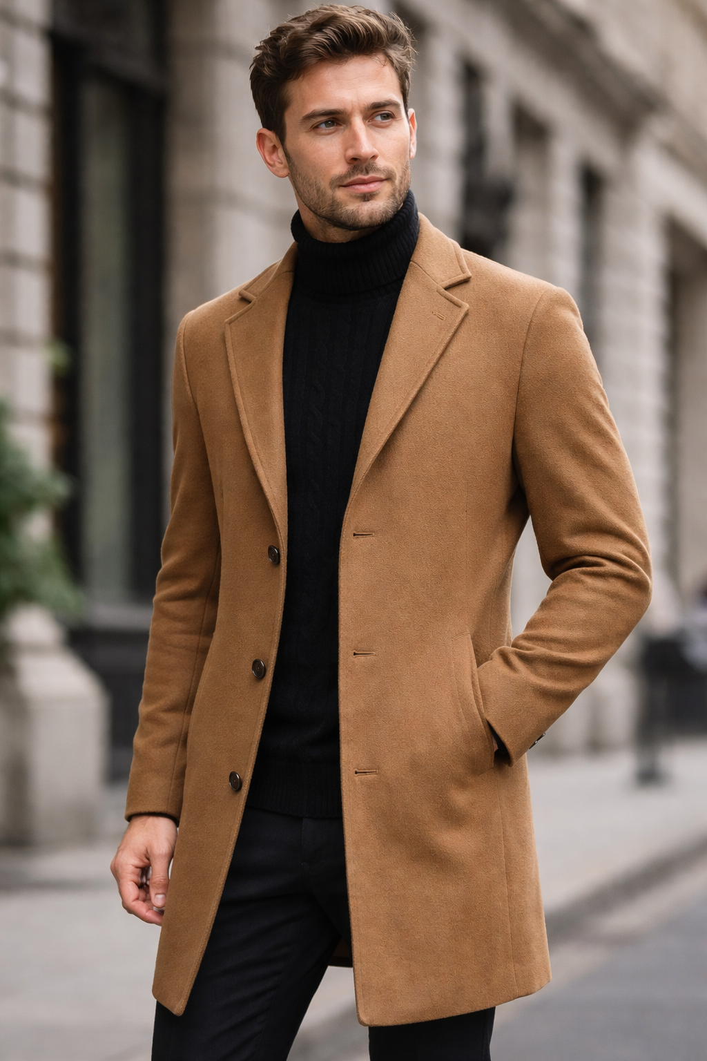 Man wearing a brown coat standing on a city street.