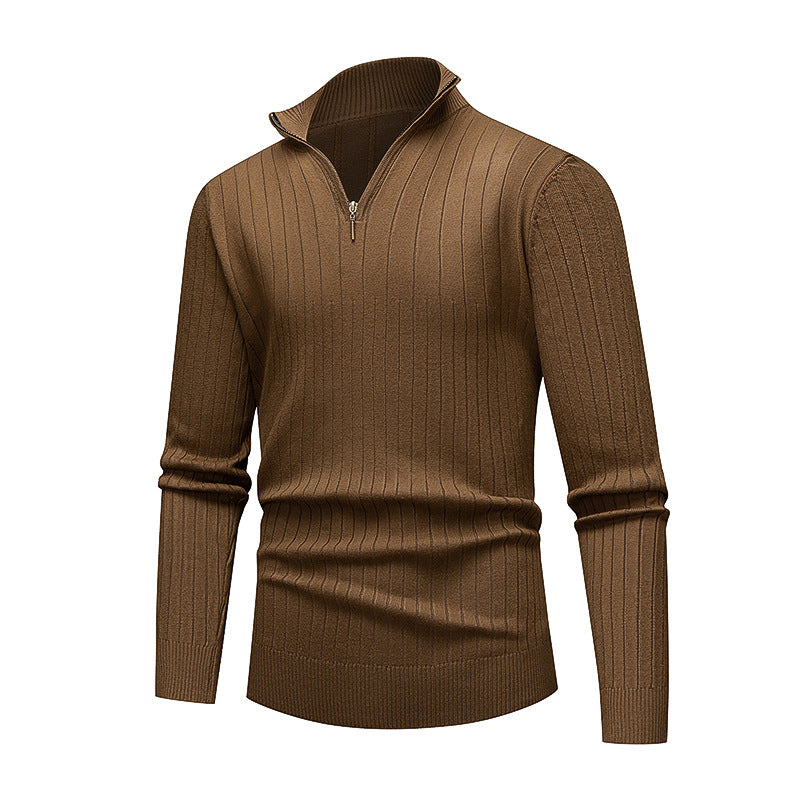 Brown ribbed sweater with a zipper on a white background