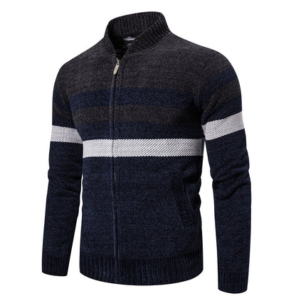 Dark blue sweater with white stripes on a white background