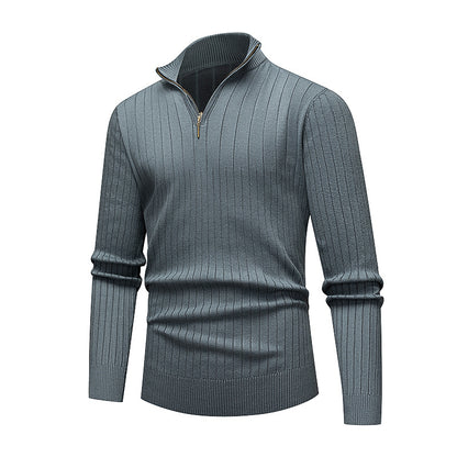 Gray ribbed sweater with a zipper on a white background