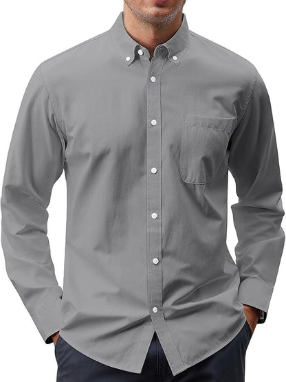 Gray button-up shirt worn by a person on a white background