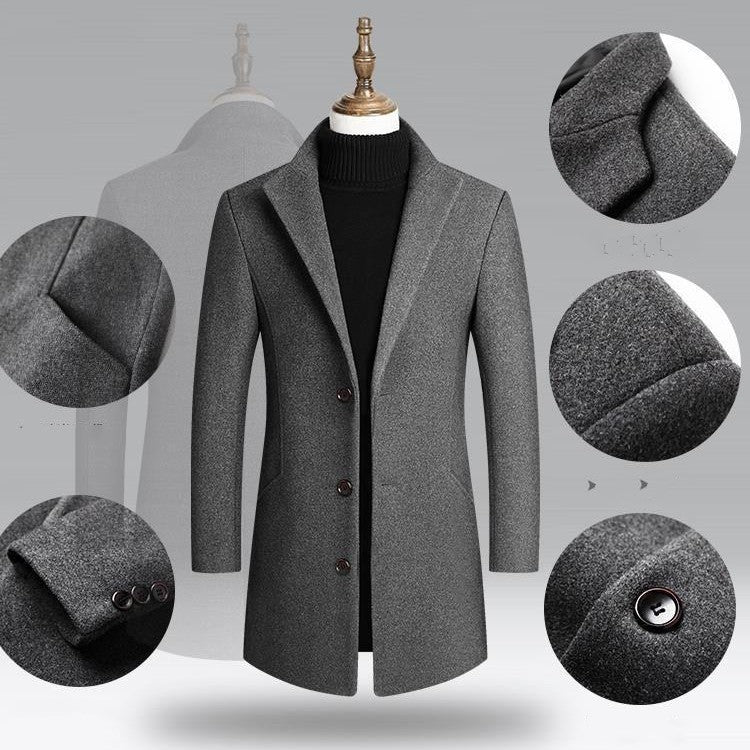 Gray coat on a mannequin with close-up details of buttons and fabric texture.