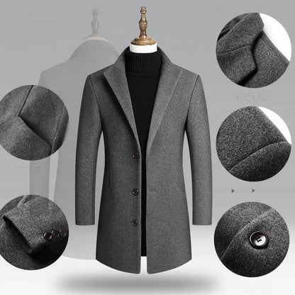 Gray coat on a mannequin with close-up details of buttons and fabric texture.