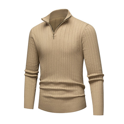 Beige ribbed sweater with a zipper on a white background