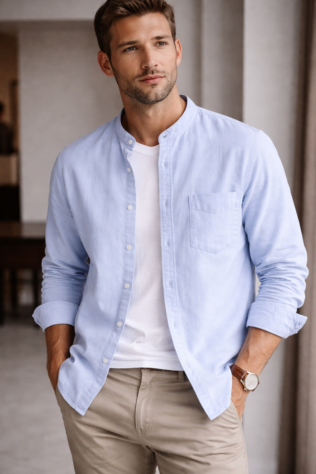 Man wearing light blue casual shirt