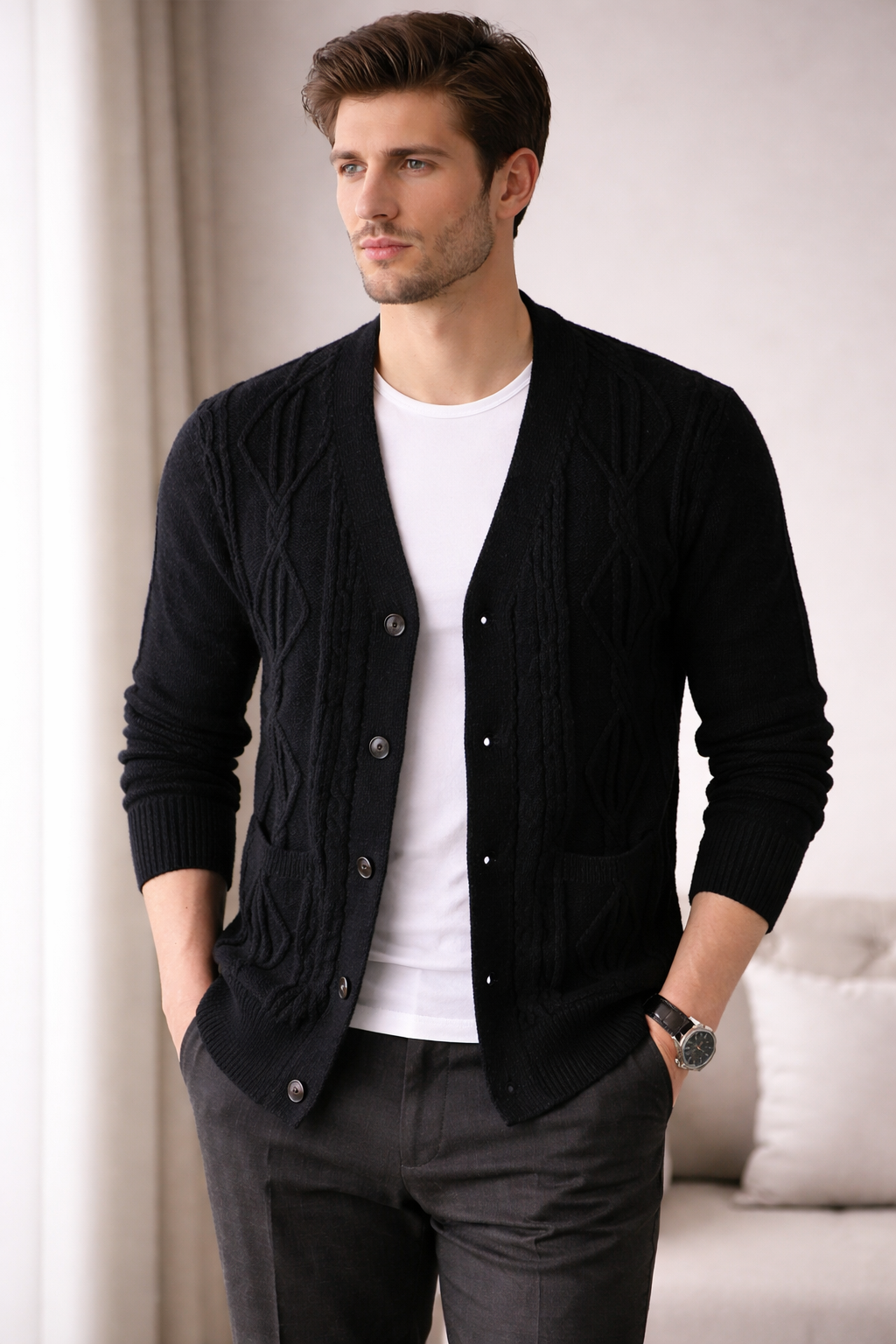 Man wearing Black cardigan