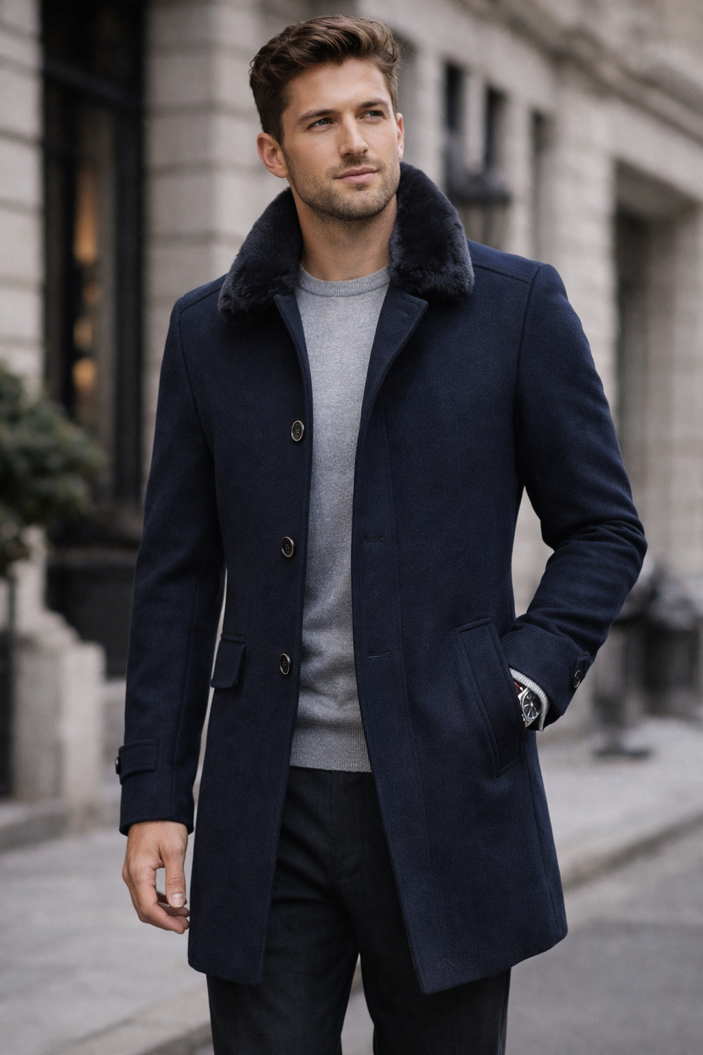 Man wearing a navy coat with fur collar in an urban setting