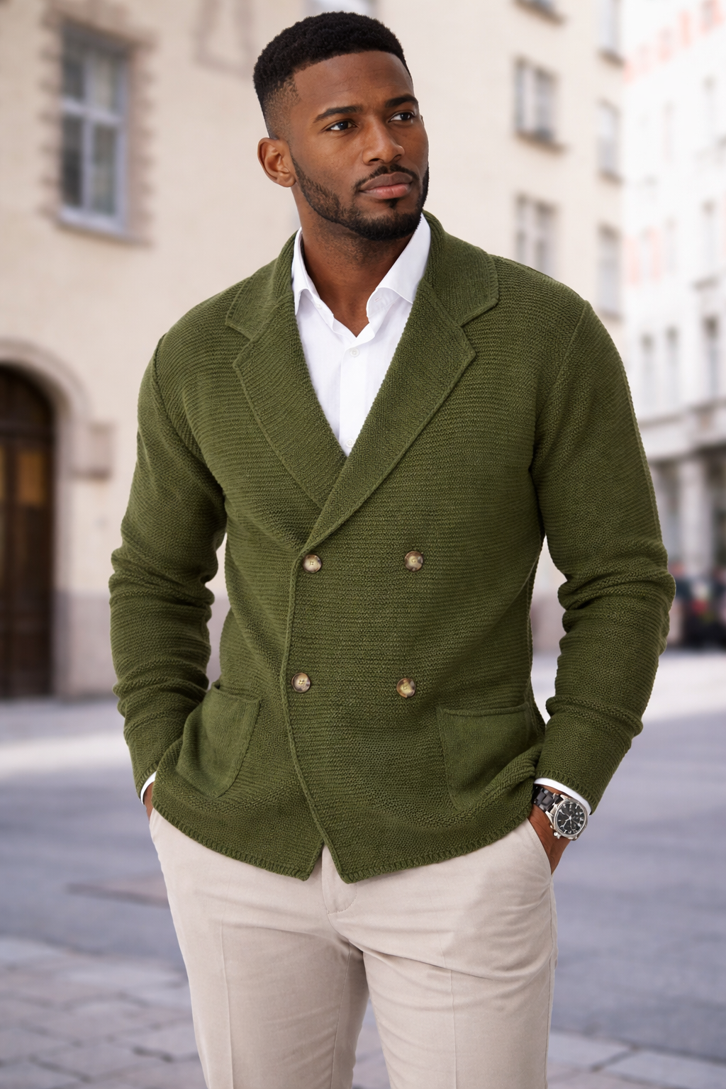 A man wearing a green knitted blazer