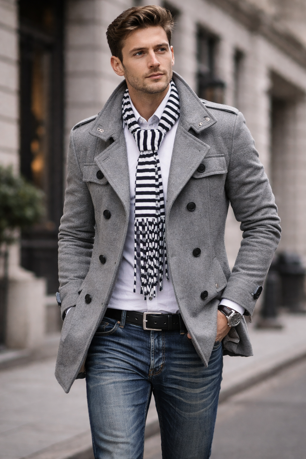 Man wearing a gray coat, striped scarf, and jeans on a city street.