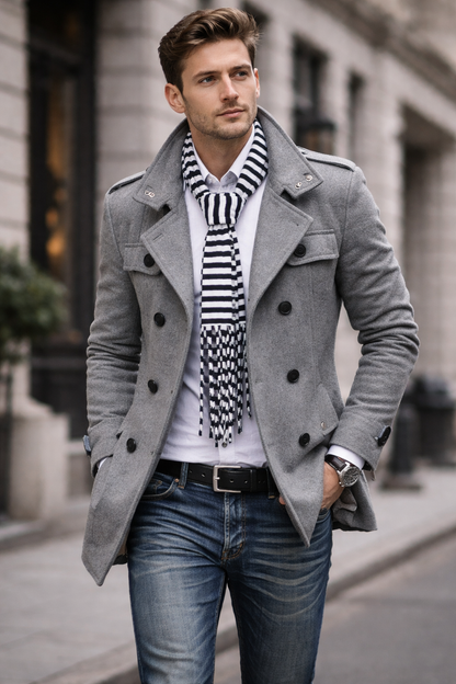 Man wearing a gray coat, striped scarf, and jeans on a city street.