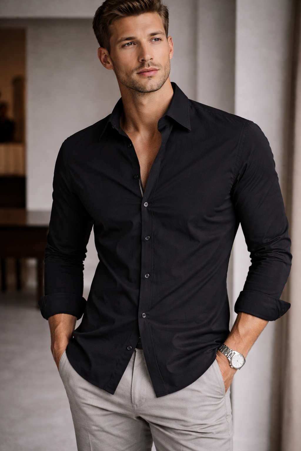 Man wearing a black shirt and light gray pants indoors