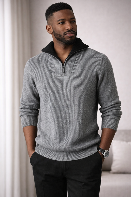 Man wearing a gray sweater with a black collar indoors