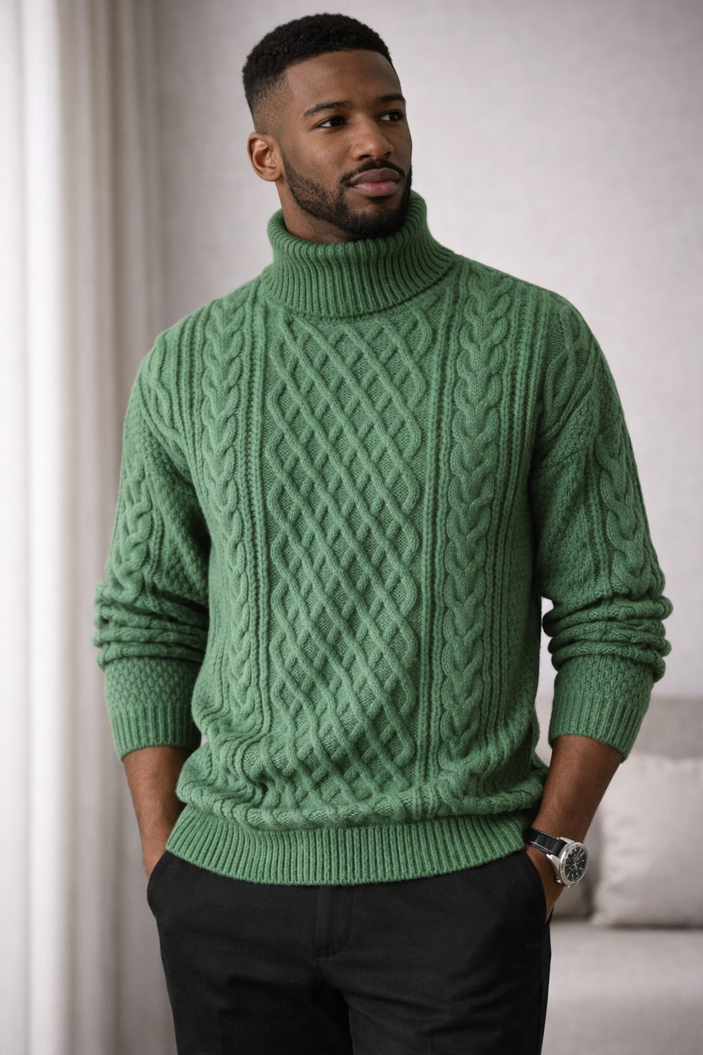 Man wearing a green cable knit sweater in a neutral setting