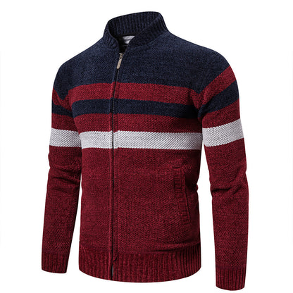 Maroon and navy striped sweater with a zipper on a white background