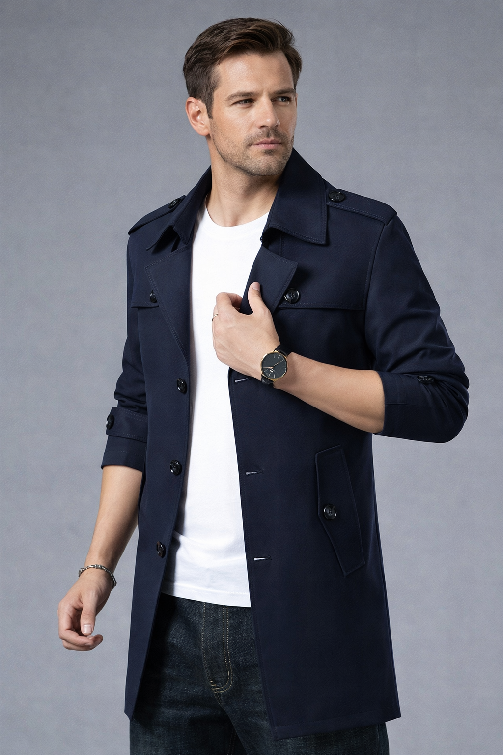 Man wearing navy blue coat.