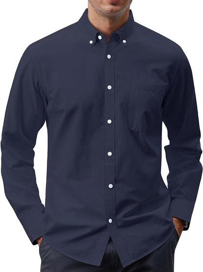 Navy blue button-up shirt worn by a person on a white background