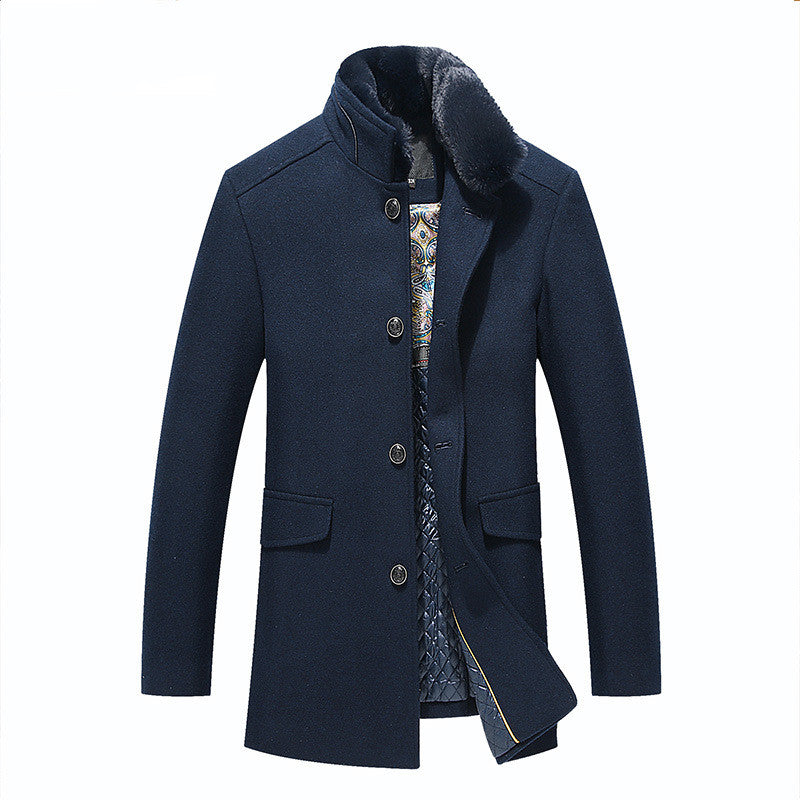 Navy blue coat with patterned lining on a white background