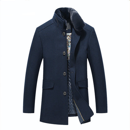 Navy blue coat with patterned lining on a white background