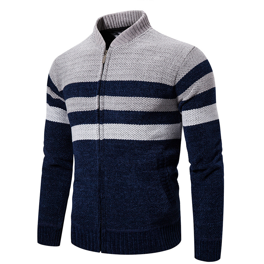 Navy and gray striped sweater on a white background