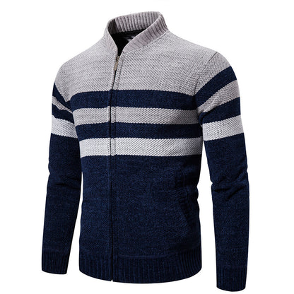 Navy and gray striped sweater on a white background