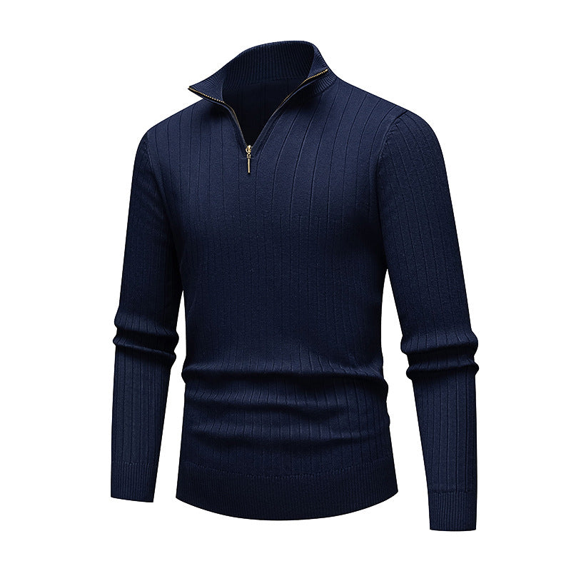 Navy blue sweater with a zipper on a white background